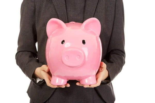 Mulher de negócios com piggybank . — Fotografia de Stock