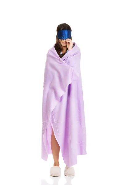 Morning woman wrapped in coverlet. — Stock Photo, Image