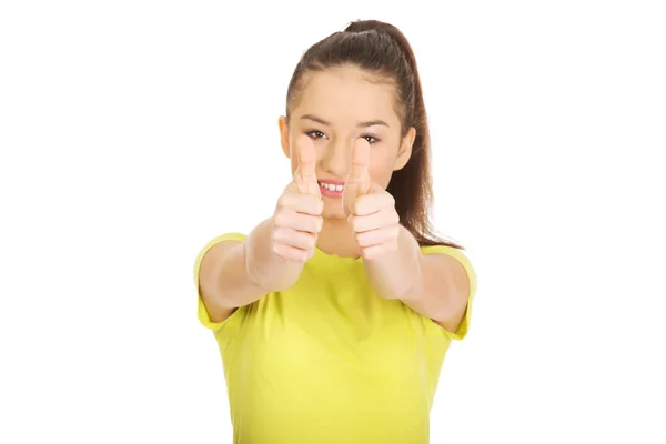 Gelukkige vrouw met Duimschroef opwaarts. — Stockfoto