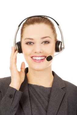 neşeli destek telefonu operatörü kulaklık.