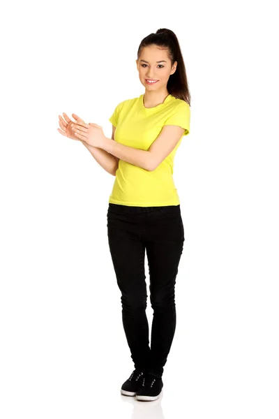 Young happy clapping woman. — Stock Photo, Image