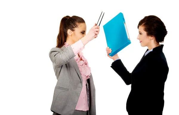 Angry businesswomen fighting with their binders. Stock Photo