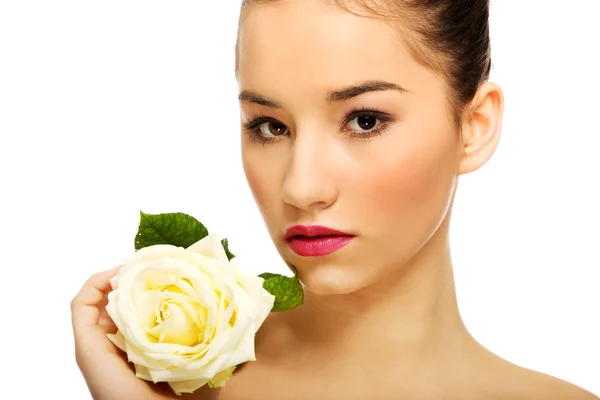 Beautiful woman with white rose. — Stock Photo, Image