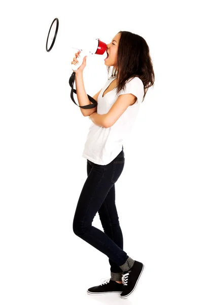 Mulher atraente com megafone . — Fotografia de Stock