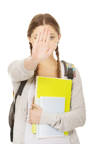 Adolescente chica mochila hacer stop gesto . —  Fotos de Stock