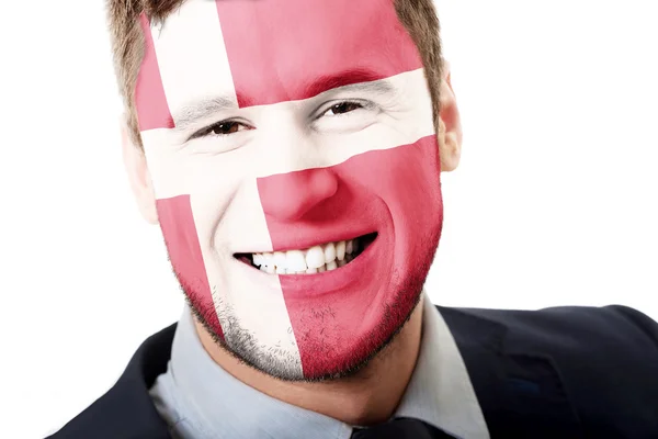 Szczęśliwy człowiek flaga Danii na twarz. — Zdjęcie stockowe