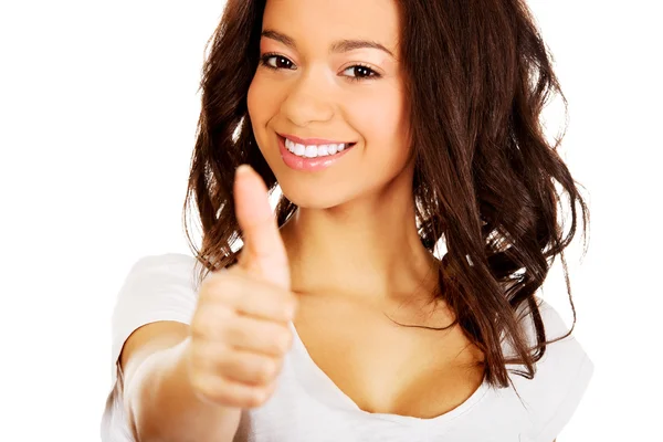 Mulher feliz com polegares para cima . — Fotografia de Stock