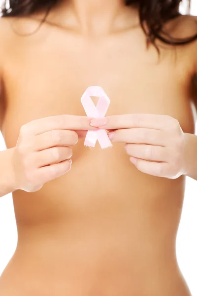 Topless woman with pink ribbon. — Stock Photo, Image