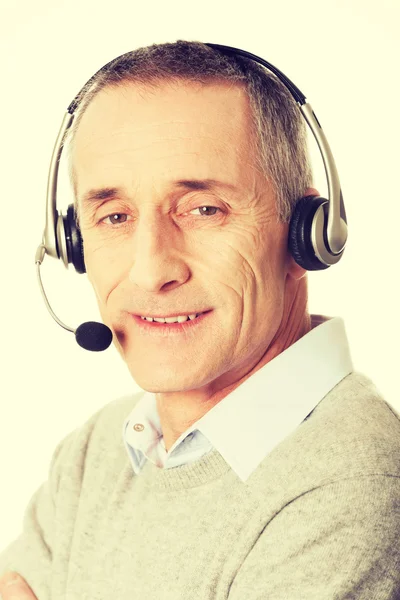 Old call center man wearing headset — Stock Photo, Image