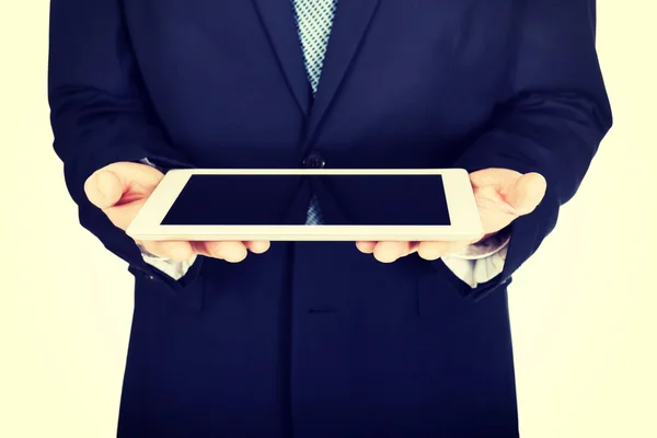 Close up on male hands holding digital tablet — Stock Photo, Image