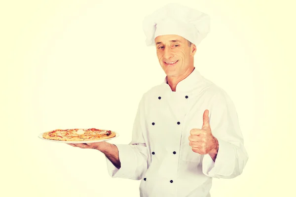 Kucharz piekarz z włoskiej pizzy Wyświetlono ok znak — Zdjęcie stockowe