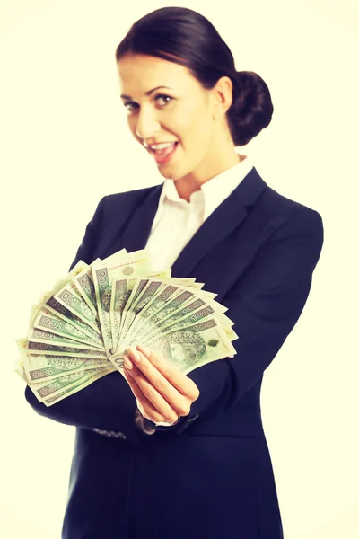 Podnikatelka drží klip polské peníze — Stock fotografie