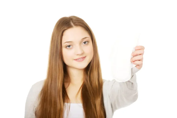 Happy teen with menstruation pad. — Stock Photo, Image