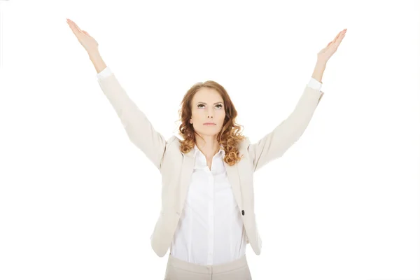 Businesswoman with open hands up. — Stock Photo, Image