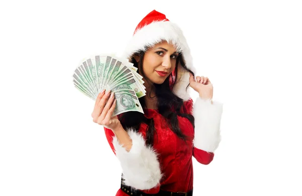 Santa woman holding a clip of polish money — Stock Photo, Image