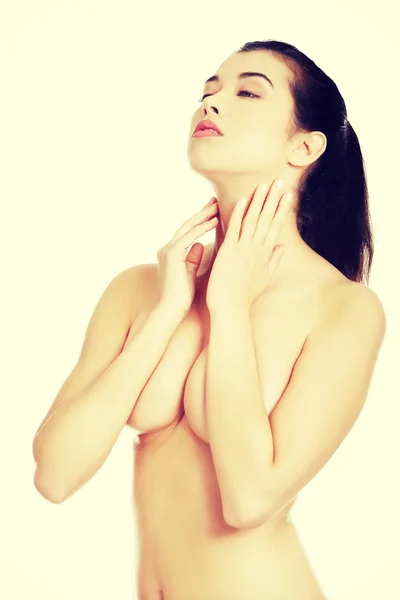 Sensual portrait nude woman with hands under chin — Stock Photo, Image