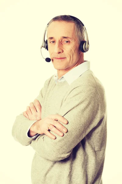 Old call center man wearing headset — Stock Photo, Image