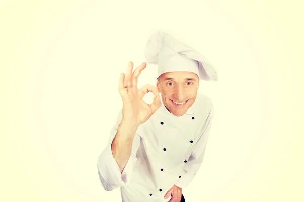 Chef em uniforme branco com sinal perfeito — Fotografia de Stock