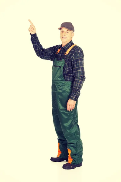 Jardineiro maduro em uniforme apontando para cima — Fotografia de Stock