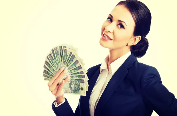 Portrait businesswoman holding a clip of money — Stock Photo, Image