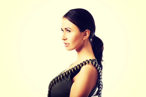 Photo of military woman wearing bullet belt — Stock Photo, Image