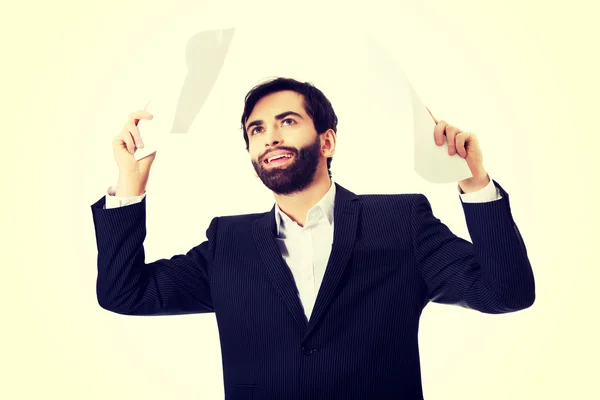 Happy businessman throwing paper sheets. — Stock Photo, Image