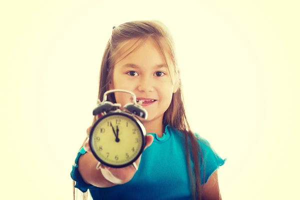 Girl holding the clock — Stock Photo, Image