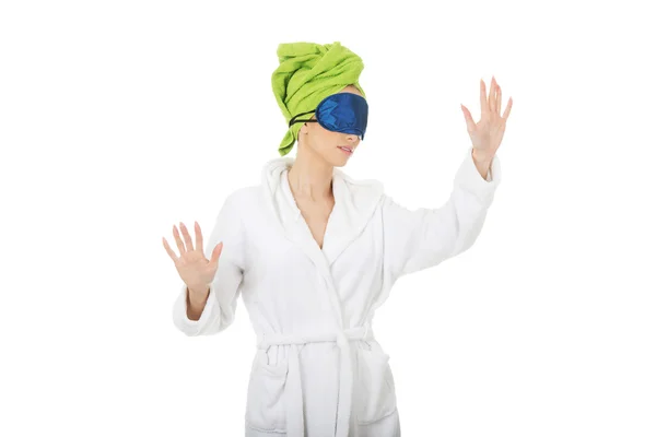 Sleepwalking woman in bathrobe. — Stock Photo, Image