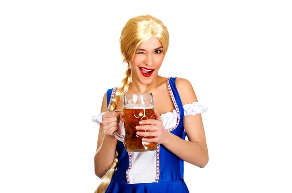 Beautiful bavarian woman with beer. — Stock Photo, Image