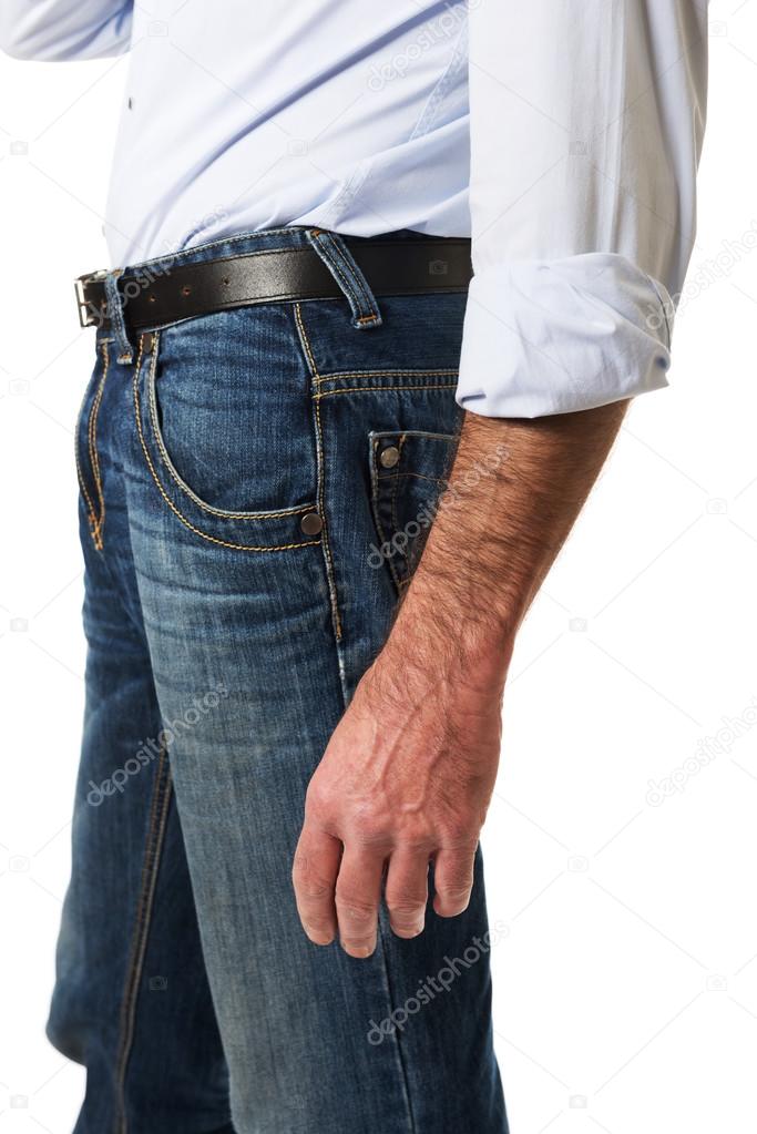 Side view of a men in jeans trousers 