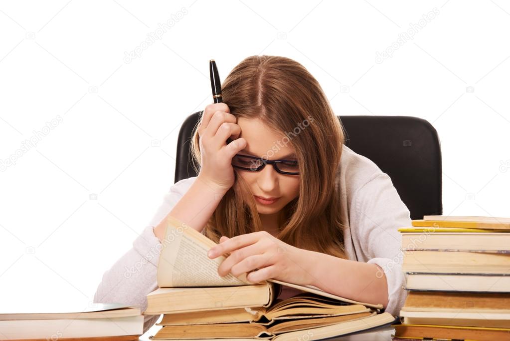 Young woman learning to exam