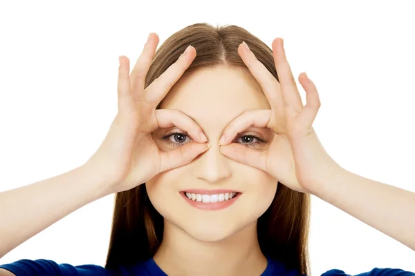 Woman showing perfect sign on eyes. — Stock Photo, Image
