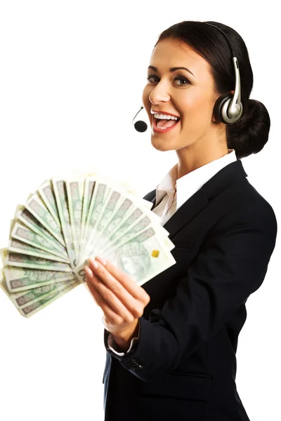 Call center woman holding polish bills — Stock Photo, Image