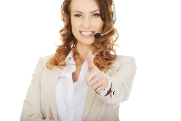 Call center mujer con pulgar hacia arriba —  Fotos de Stock