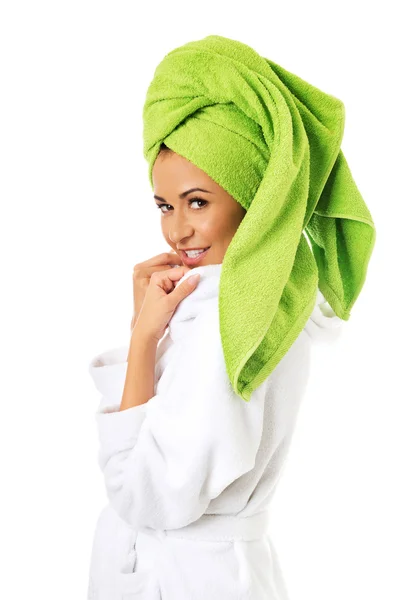 Happy woman in bathrobe — Stock Photo, Image