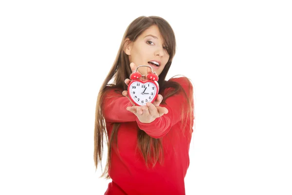 Happy woman with alarm clock. — Stock Photo, Image