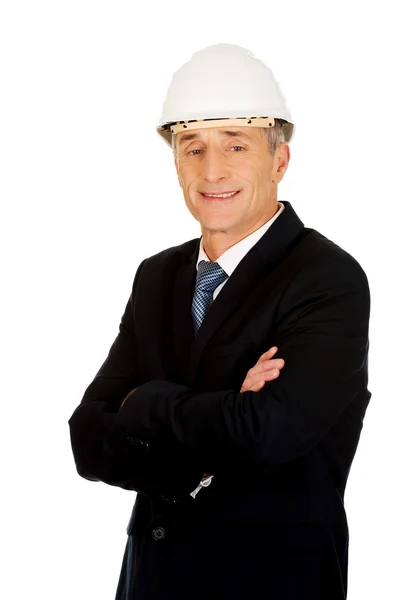 Smiling businessman with hard hat — Stock Photo, Image