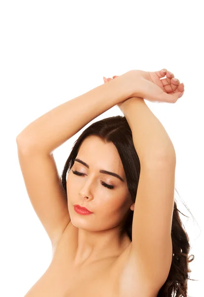 Young beauty woman with hands up. — Stock Photo, Image