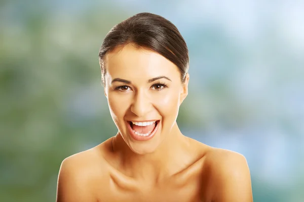 Nude woman laughing loud — Stock Photo, Image