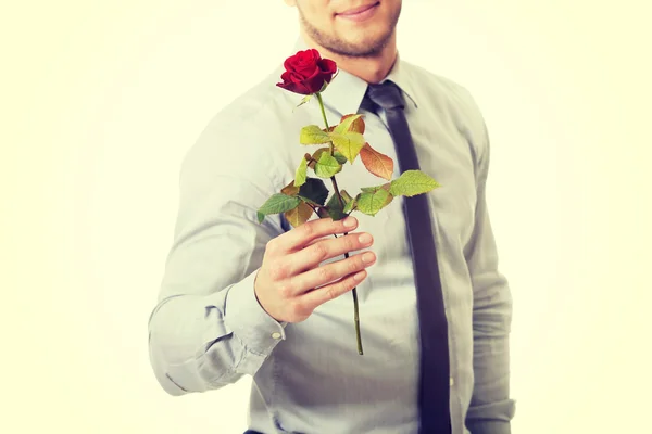Jóképű férfi gazdaság vörös rózsa. — Stock Fotó
