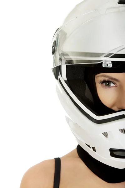 Sexig kvinna med motorcykel hjälm. — Stockfoto