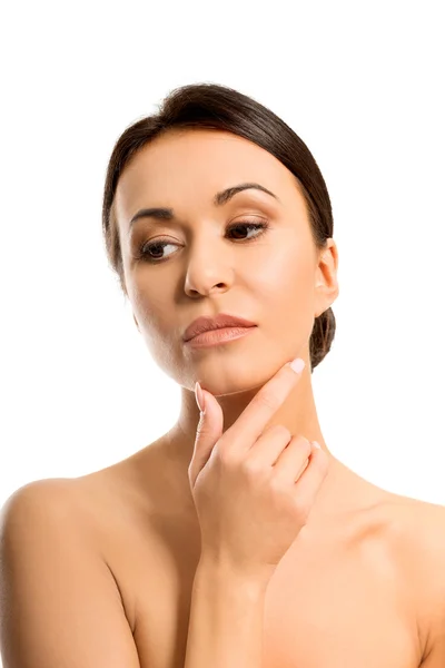 Thoughtful topless woman touching chin — Stock Photo, Image