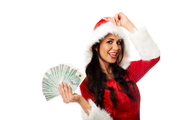 Santa woman holding polish money