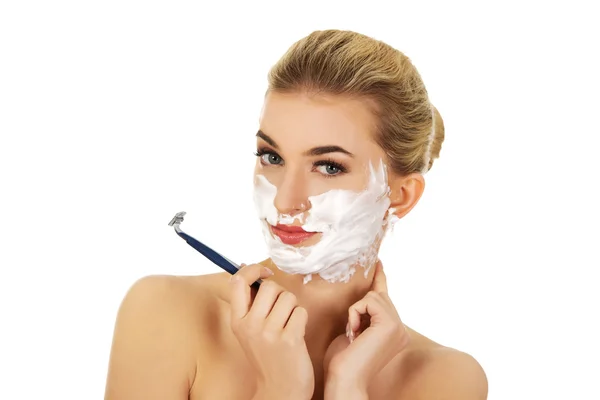 Young woman have morning shave. — Stock Photo, Image