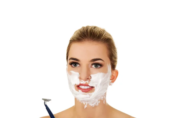 Young woman have morning shave. — Stock Photo, Image