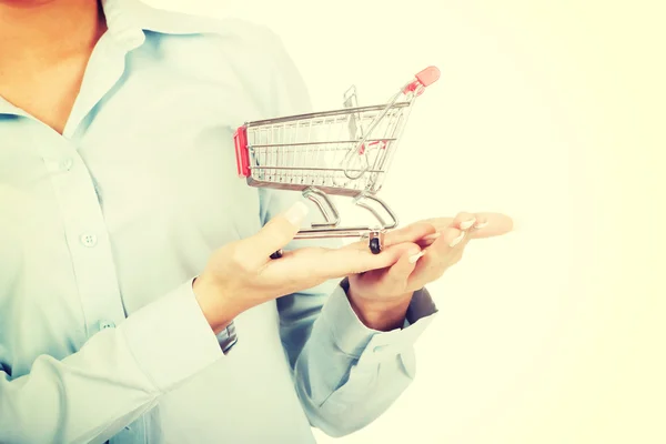 Attractive businesswoman with shopping cart. — Stock Photo, Image