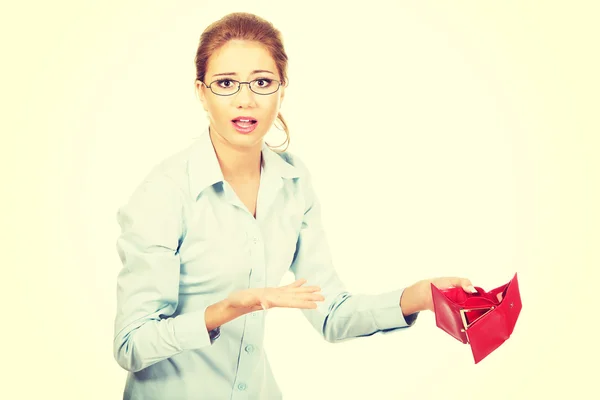 Businesswoman holding empty purse. — Stock Photo, Image