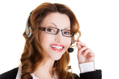 Destek telefonu operatörü kulaklık gülümseyen.