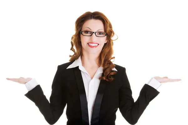 Happy businesswoman with open hands. — Stock Photo, Image