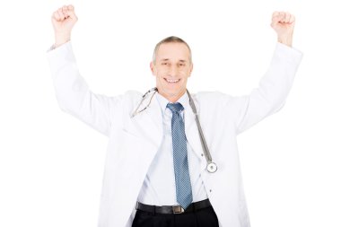 Mutlu erkek doktor kaldırdı kollarını